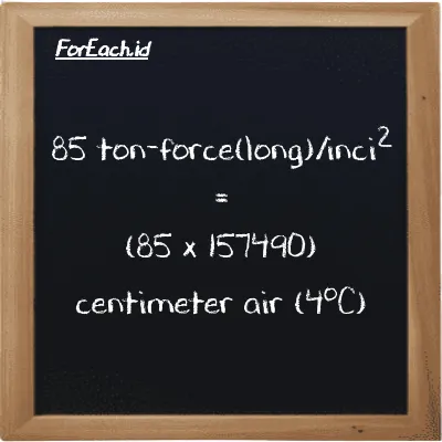 Cara konversi ton-force(long)/inci<sup>2</sup> ke centimeter air (4<sup>o</sup>C) (LT f/in<sup>2</sup> ke cmH2O): 85 ton-force(long)/inci<sup>2</sup> (LT f/in<sup>2</sup>) setara dengan 85 dikalikan dengan 157490 centimeter air (4<sup>o</sup>C) (cmH2O)